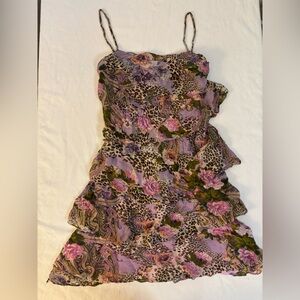 Beautiful Unique Dress Beaded Straps Floral Cheetah Purple Wedding Guest Petite